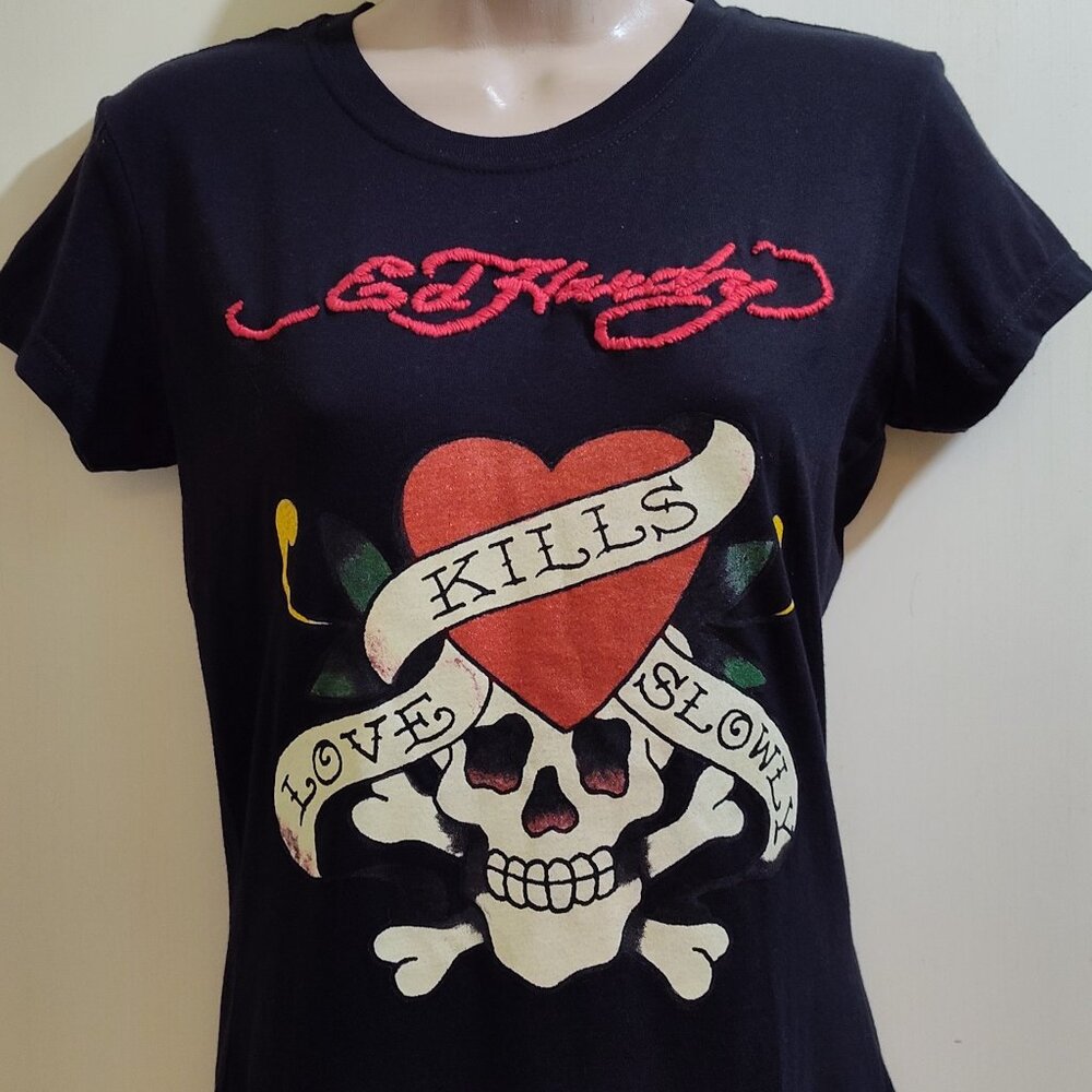 Ed Hardy Black Tee Love Kills Slowly Embroidered Logo Name Size Large NWOT